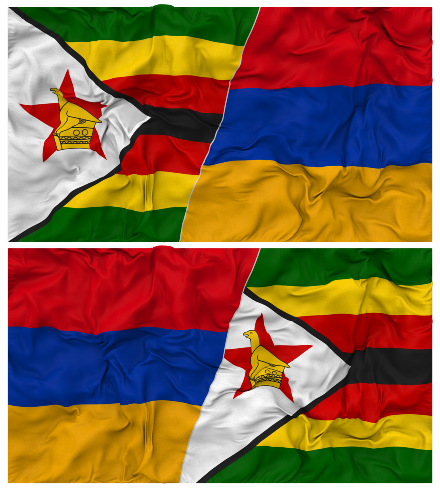 Armenia and Zimbabwe Half Combined Flag with Cloth Bump Texture, Bilateral Relations, Peace and Conflict, 3D Rendering png