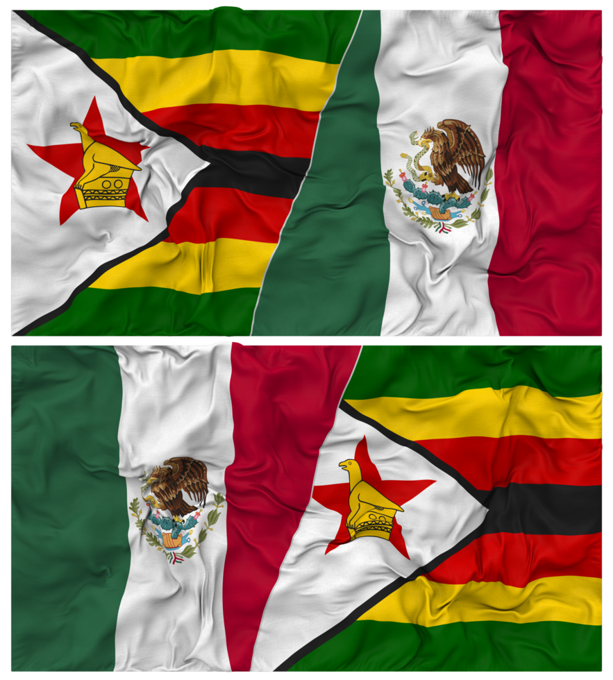 Mexico and Zimbabwe Half Combined Flag with Cloth Bump Texture, Bilateral Relations, Peace and Conflict, 3D Rendering png