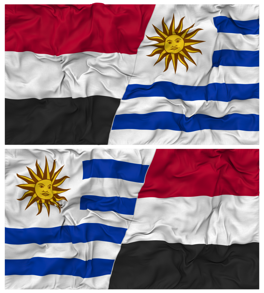 Uruguay and Yemen Half Combined Flag with Cloth Bump Texture, Bilateral Relations, Peace and Conflict, 3D Rendering png