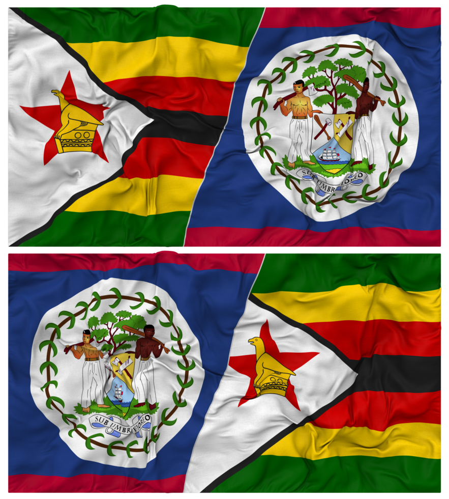 Belize and Zimbabwe Half Combined Flag with Cloth Bump Texture, Bilateral Relations, Peace and Conflict, 3D Rendering png