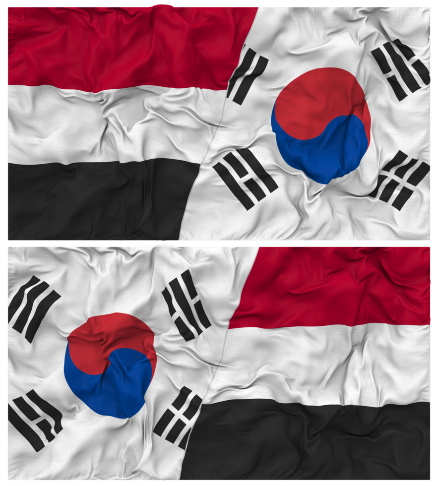 South Korea and Yemen Half Combined Flag with Cloth Bump Texture, Bilateral Relations, Peace and Conflict, 3D Rendering png