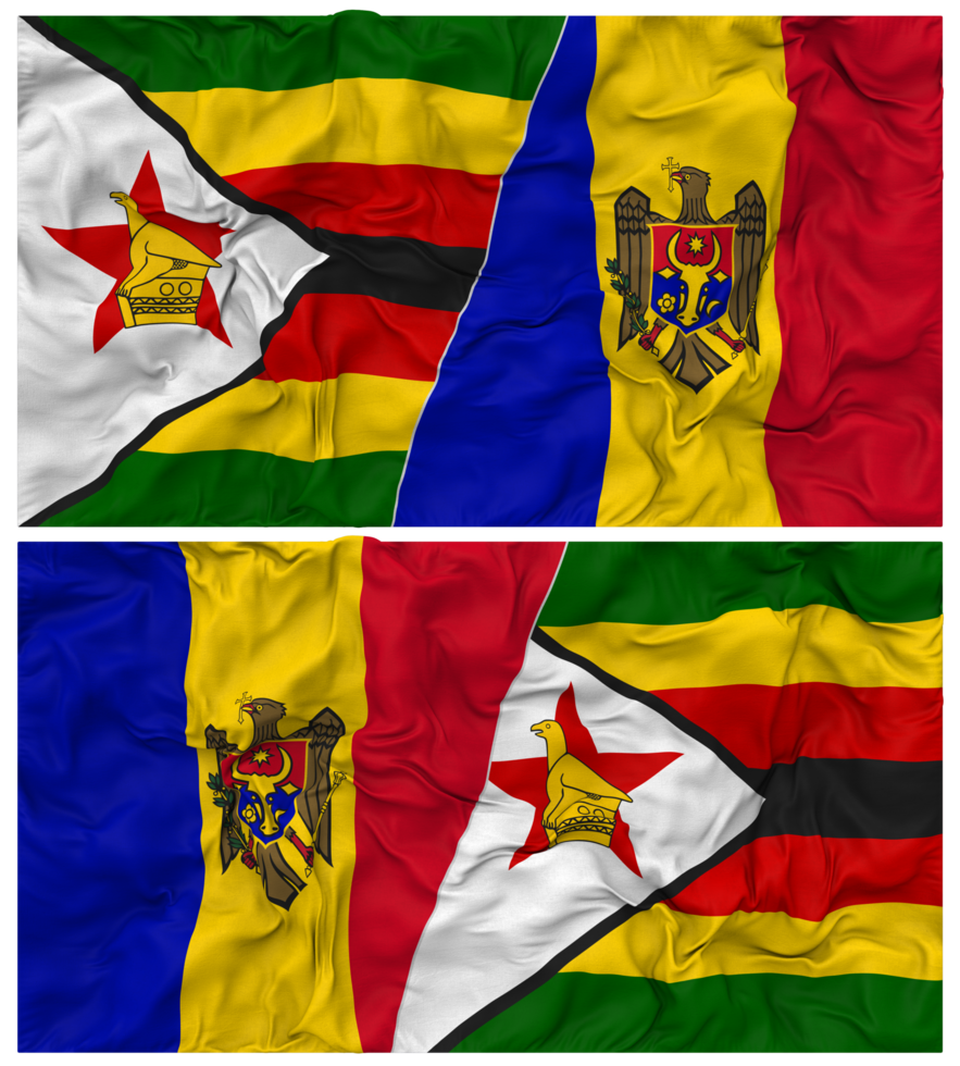 Moldova and Zimbabwe Half Combined Flag with Cloth Bump Texture, Bilateral Relations, Peace and Conflict, 3D Rendering png