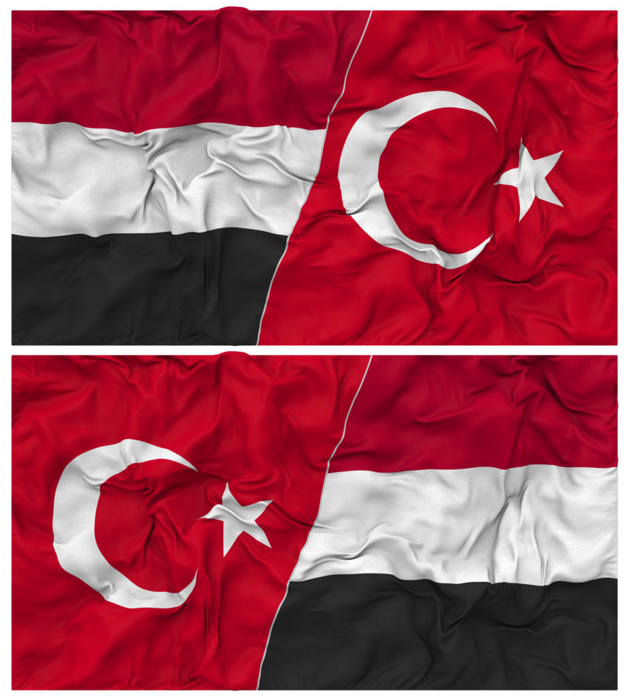 Turkey and Yemen Half Combined Flag with Cloth Bump Texture, Bilateral Relations, Peace and Conflict, 3D Rendering png