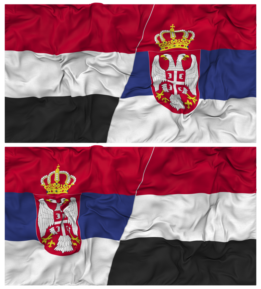 Serbia and Yemen Half Combined Flag with Cloth Bump Texture, Bilateral Relations, Peace and Conflict, 3D Rendering png