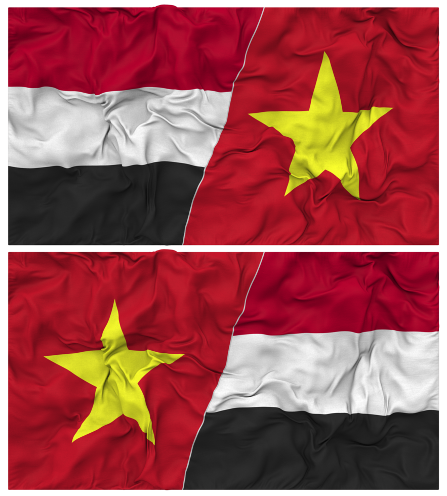 Vietnam and Yemen Half Combined Flag with Cloth Bump Texture, Bilateral Relations, Peace and Conflict, 3D Rendering png
