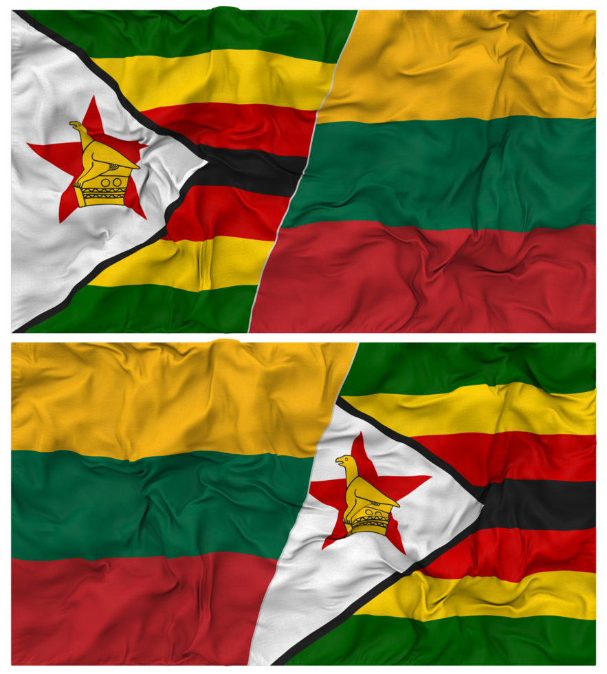 Lithuania and Zimbabwe Half Combined Flag with Cloth Bump Texture, Bilateral Relations, Peace and Conflict, 3D Rendering png