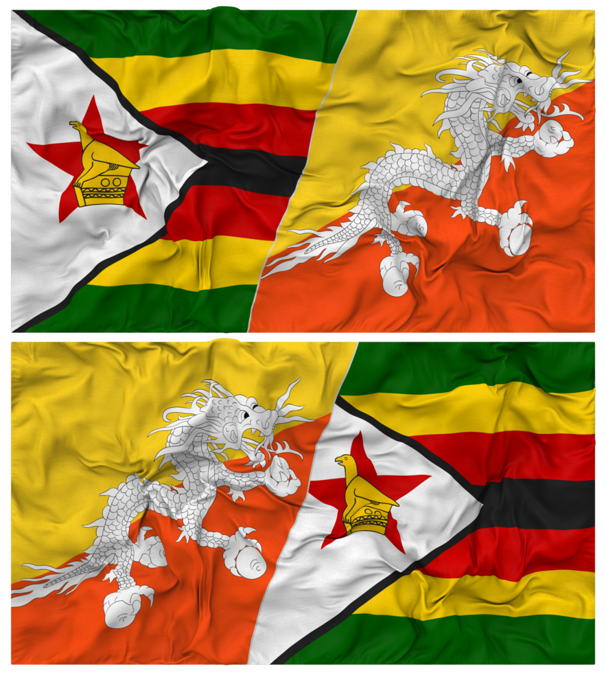Bhutan and Zimbabwe Half Combined Flag with Cloth Bump Texture, Bilateral Relations, Peace and Conflict, 3D Rendering png