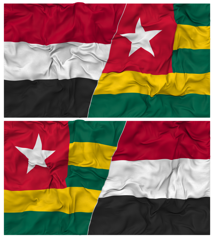 Togo and Yemen Half Combined Flag with Cloth Bump Texture, Bilateral Relations, Peace and Conflict, 3D Rendering png