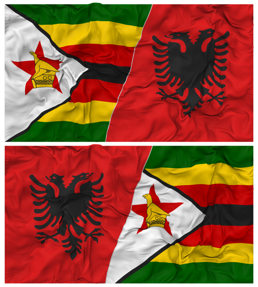 Albania y Zimbabue medio conjunto bandera con paño bache textura, bilateral relaciones, paz y conflicto, 3d representación png