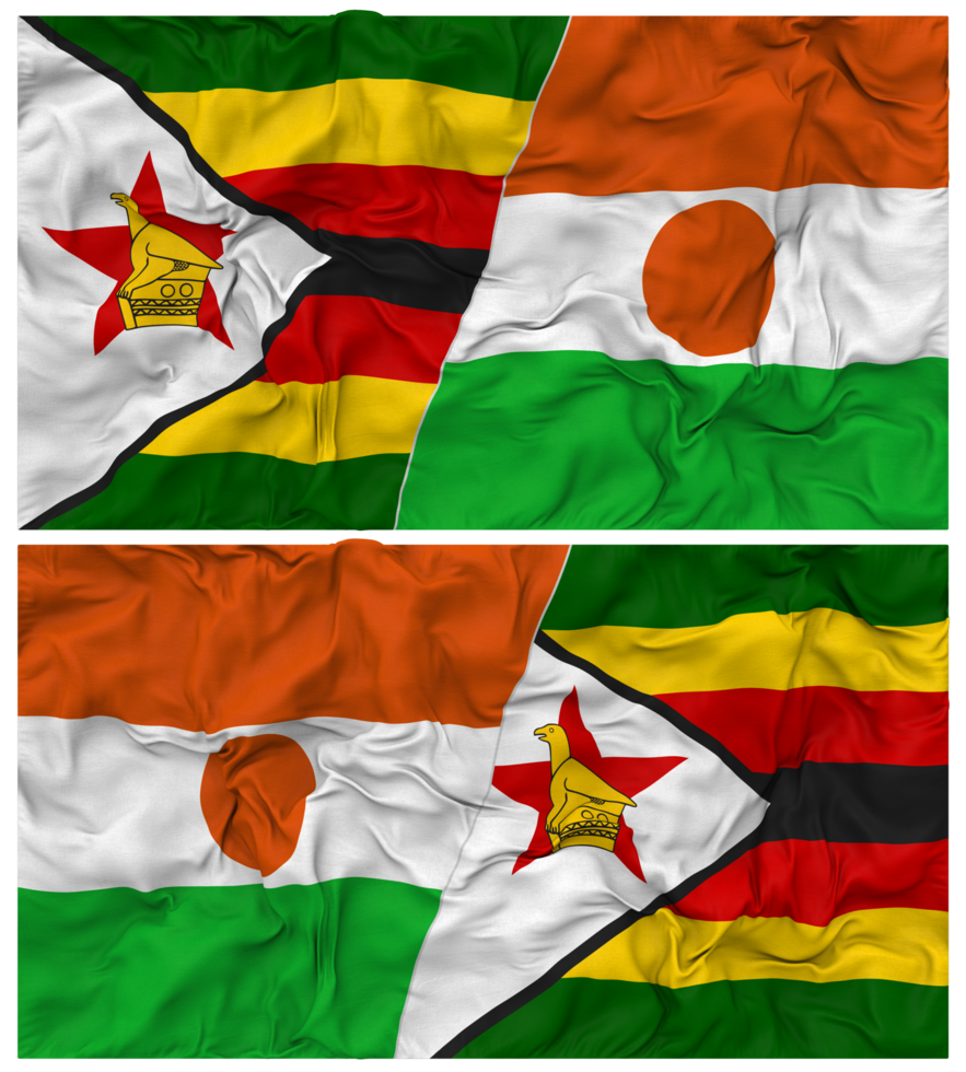 Niger and Zimbabwe Half Combined Flag with Cloth Bump Texture, Bilateral Relations, Peace and Conflict, 3D Rendering png