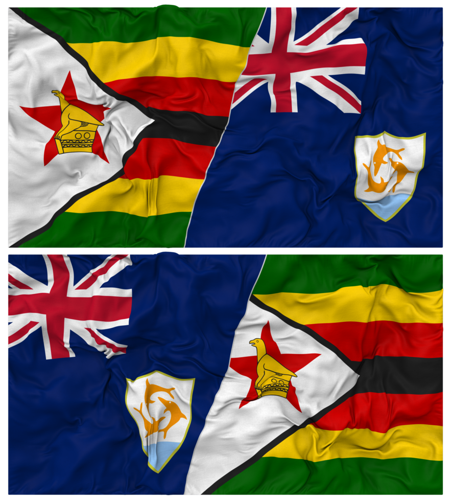 Anguilla and Zimbabwe Half Combined Flag with Cloth Bump Texture, Bilateral Relations, Peace and Conflict, 3D Rendering png