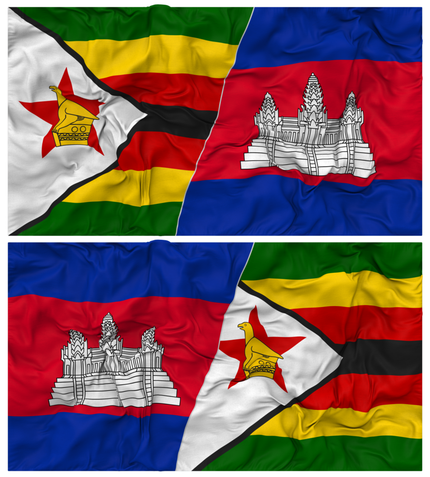 Cambodia and Zimbabwe Half Combined Flag with Cloth Bump Texture, Bilateral Relations, Peace and Conflict, 3D Rendering png