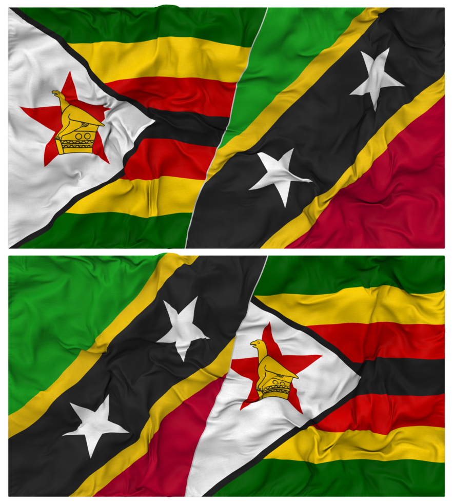 Saint Kitts and Nevis and Zimbabwe Half Combined Flag with Cloth Bump Texture, Bilateral Relations, Peace and Conflict, 3D Rendering png