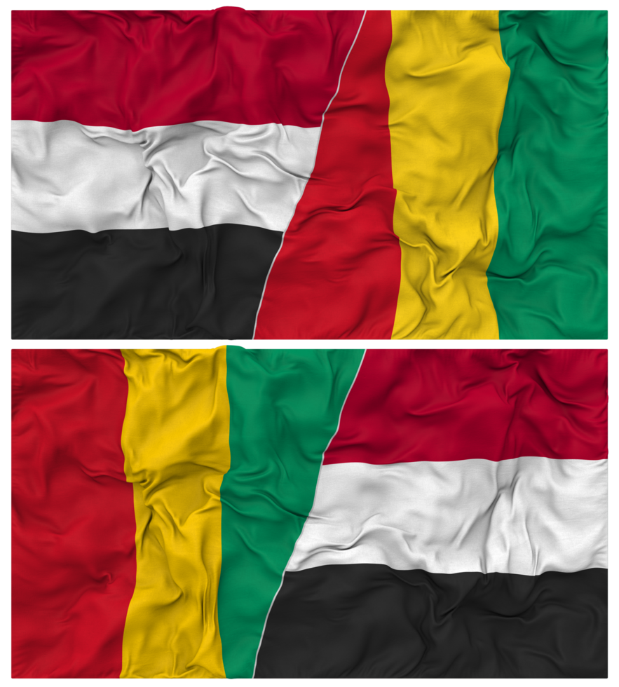 Guinea and Yemen Half Combined Flag with Cloth Bump Texture, Bilateral Relations, Peace and Conflict, 3D Rendering png