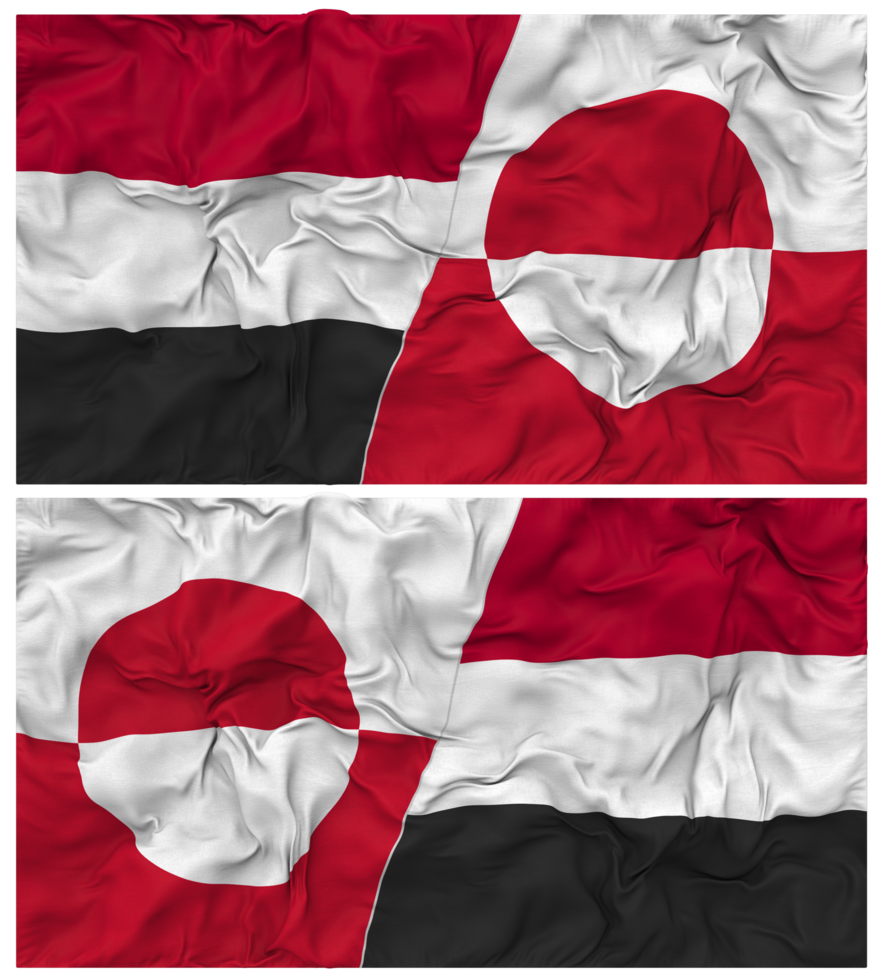 Greenland and Yemen Half Combined Flag with Cloth Bump Texture, Bilateral Relations, Peace and Conflict, 3D Rendering png