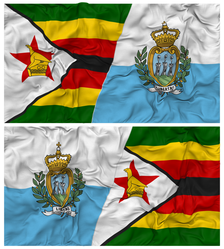 San Marino and Zimbabwe Half Combined Flag with Cloth Bump Texture, Bilateral Relations, Peace and Conflict, 3D Rendering png