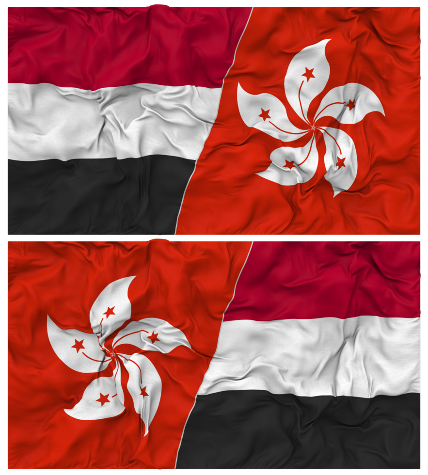 Hong Kong and Yemen Half Combined Flag with Cloth Bump Texture, Bilateral Relations, Peace and Conflict, 3D Rendering png