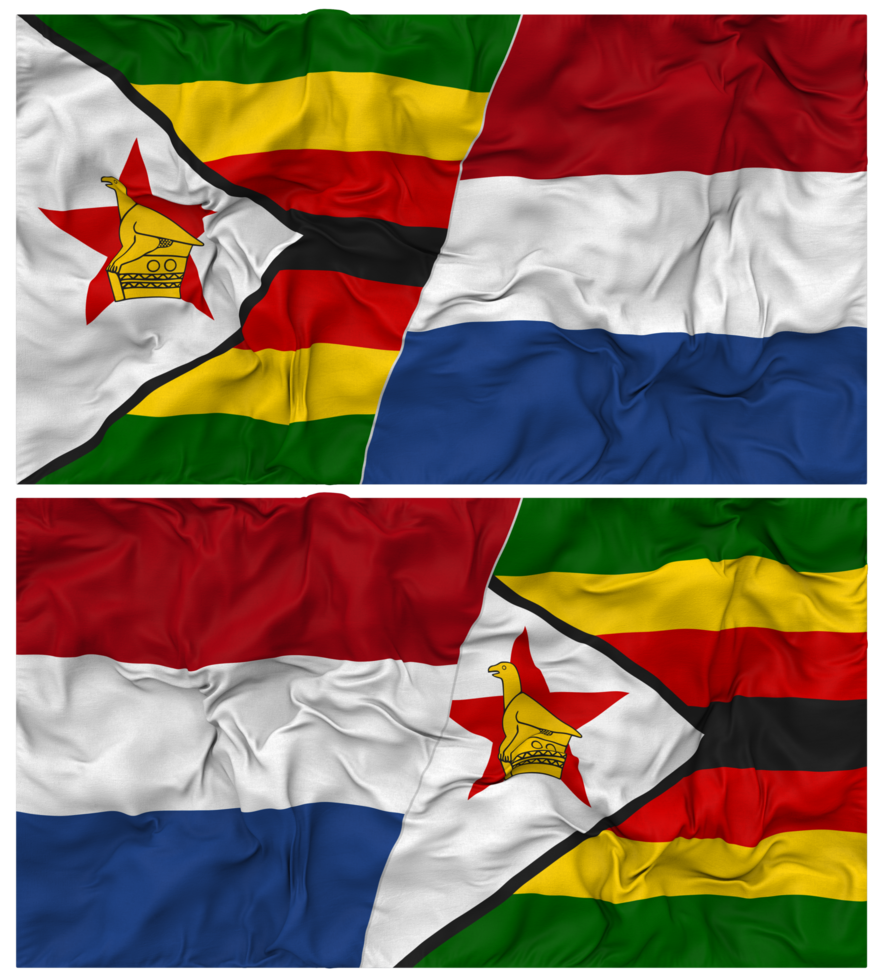 Netherlands and Zimbabwe Half Combined Flag with Cloth Bump Texture, Bilateral Relations, Peace and Conflict, 3D Rendering png