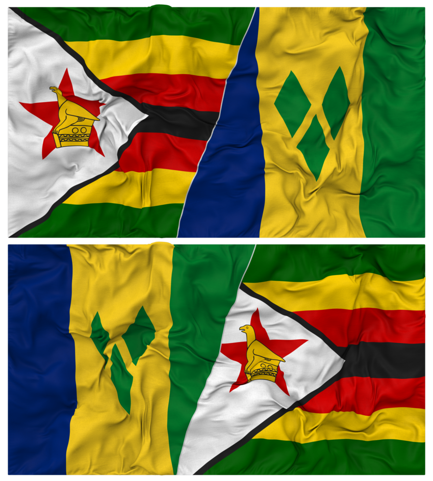 Saint Vincent and the Grenadines and Zimbabwe Half Combined Flag with Cloth Bump Texture, Bilateral Relations, Peace and Conflict, 3D Rendering png