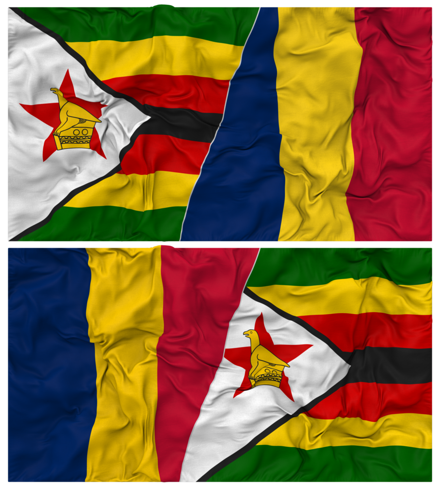 Chad and Zimbabwe Half Combined Flag with Cloth Bump Texture, Bilateral Relations, Peace and Conflict, 3D Rendering png