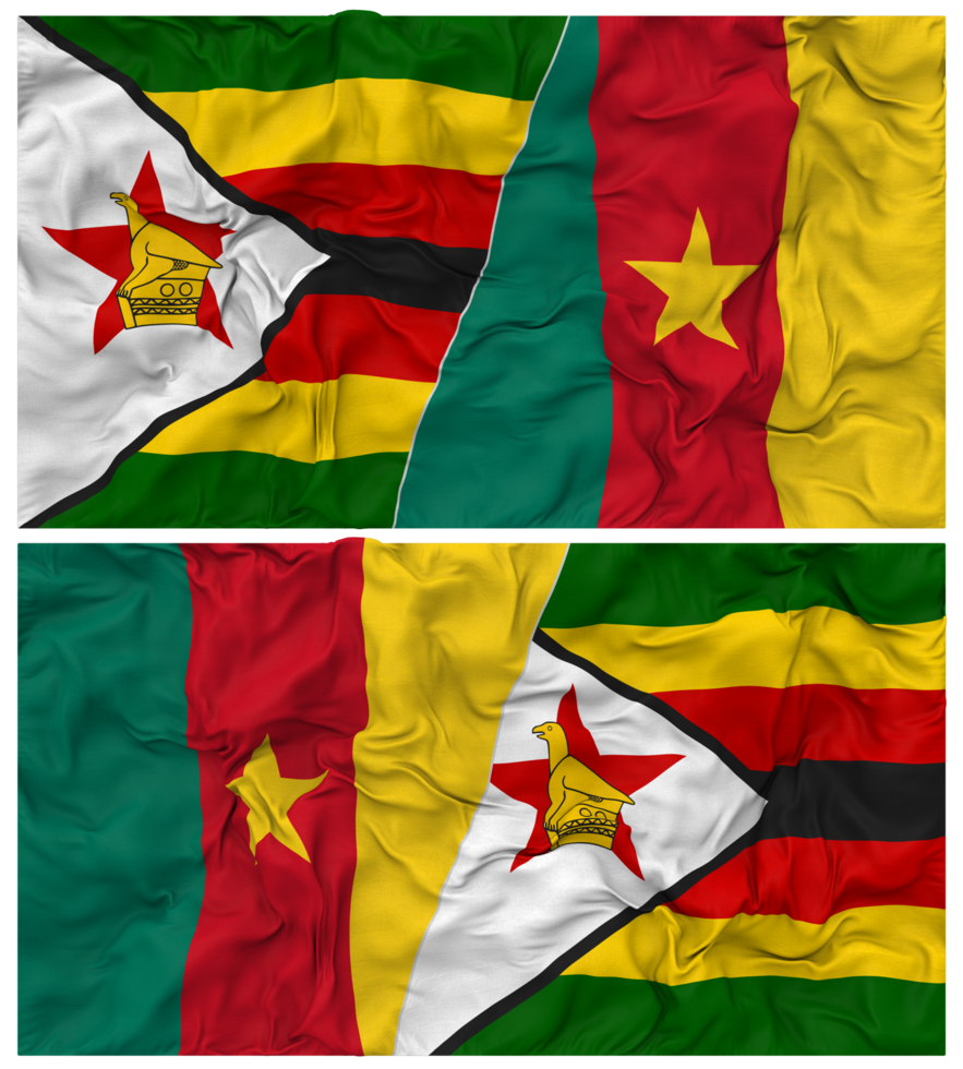 Cameroon and Zimbabwe Half Combined Flag with Cloth Bump Texture, Bilateral Relations, Peace and Conflict, 3D Rendering png