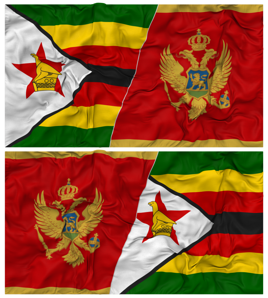 Montenegro and Zimbabwe Half Combined Flag with Cloth Bump Texture, Bilateral Relations, Peace and Conflict, 3D Rendering png