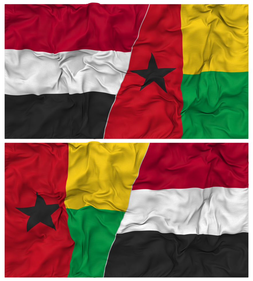 Guinea Bissau and Yemen Half Combined Flag with Cloth Bump Texture, Bilateral Relations, Peace and Conflict, 3D Rendering png