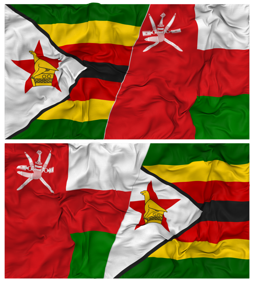 Oman and Zimbabwe Half Combined Flag with Cloth Bump Texture, Bilateral Relations, Peace and Conflict, 3D Rendering png