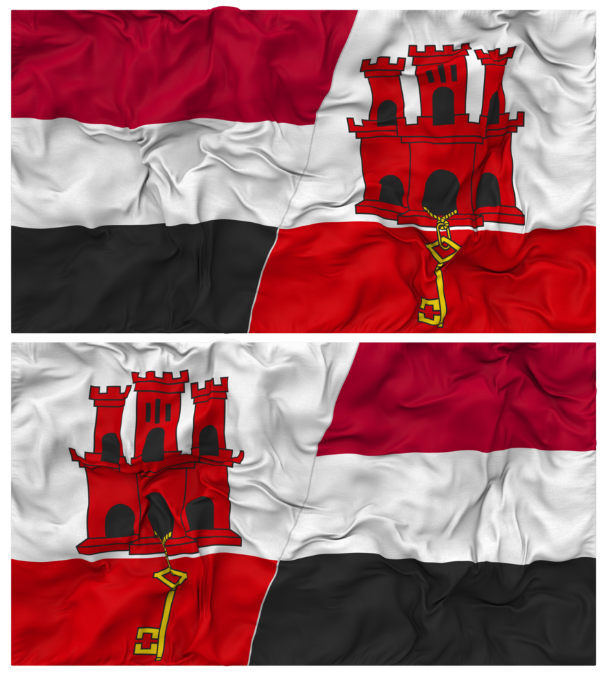 Gibraltar and Yemen Half Combined Flag with Cloth Bump Texture, Bilateral Relations, Peace and Conflict, 3D Rendering png