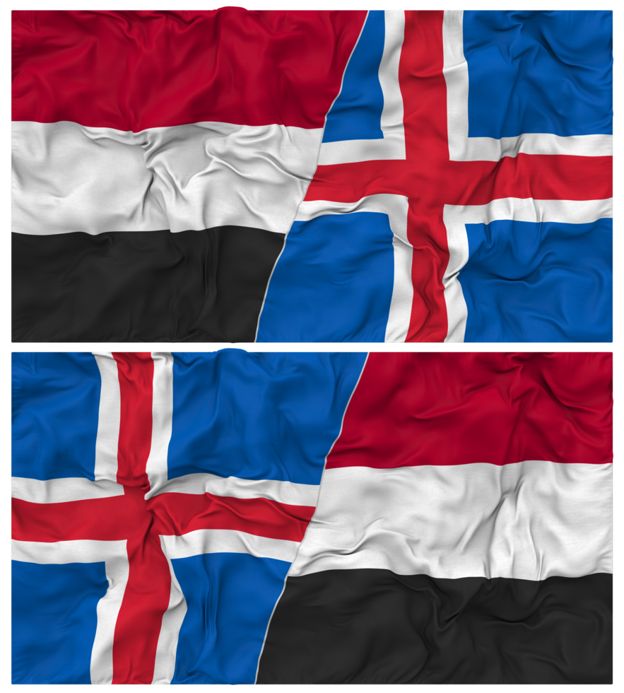 Iceland and Yemen Half Combined Flag with Cloth Bump Texture, Bilateral Relations, Peace and Conflict, 3D Rendering png