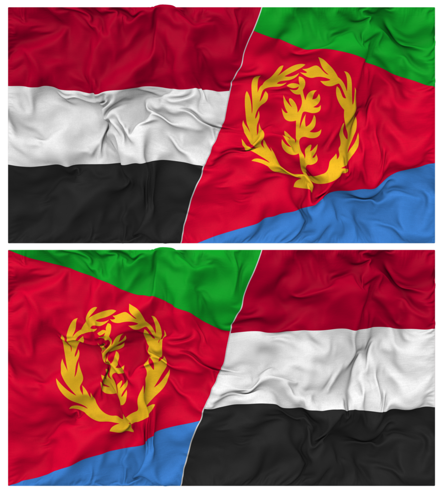 Eritrea and Yemen Half Combined Flag with Cloth Bump Texture, Bilateral Relations, Peace and Conflict, 3D Rendering png