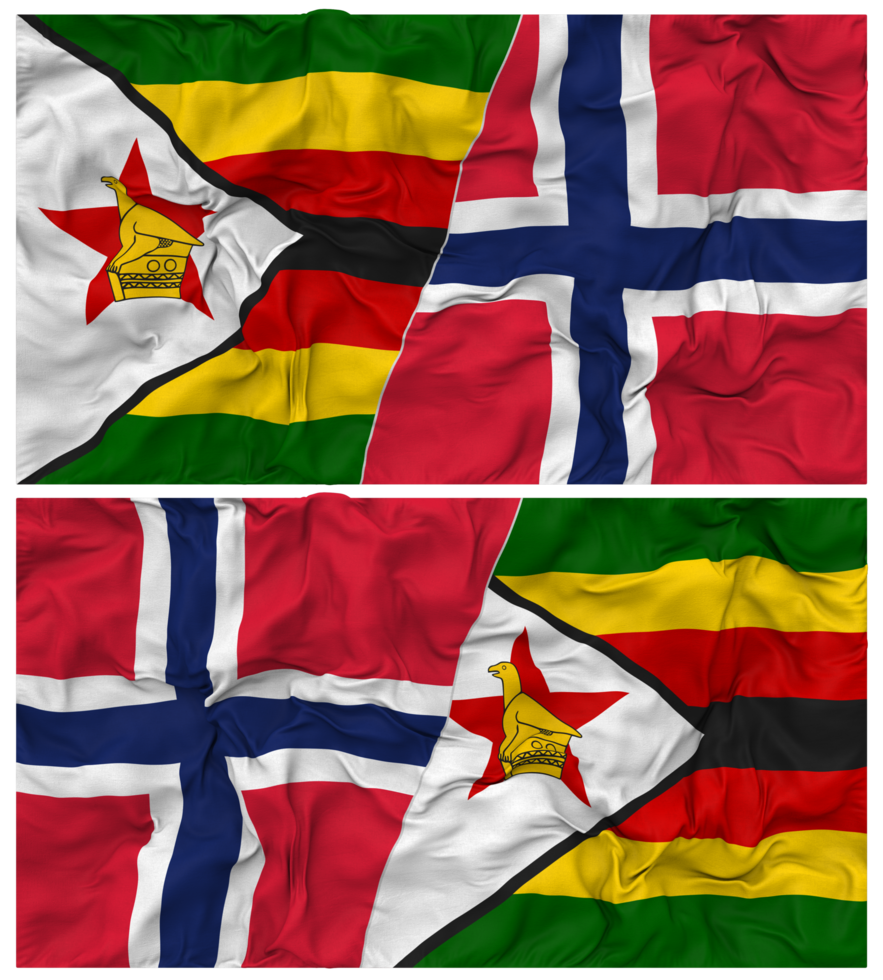 Norway and Zimbabwe Half Combined Flag with Cloth Bump Texture, Bilateral Relations, Peace and Conflict, 3D Rendering png