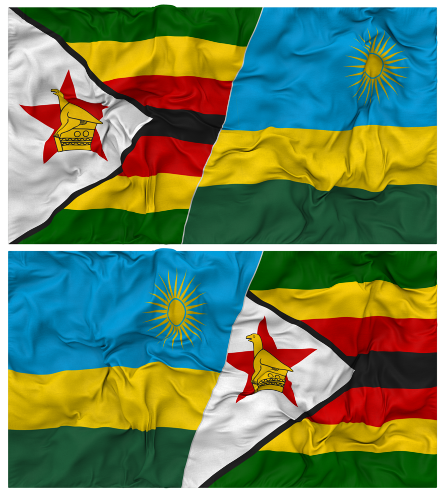 Rwanda and Zimbabwe Half Combined Flag with Cloth Bump Texture, Bilateral Relations, Peace and Conflict, 3D Rendering png