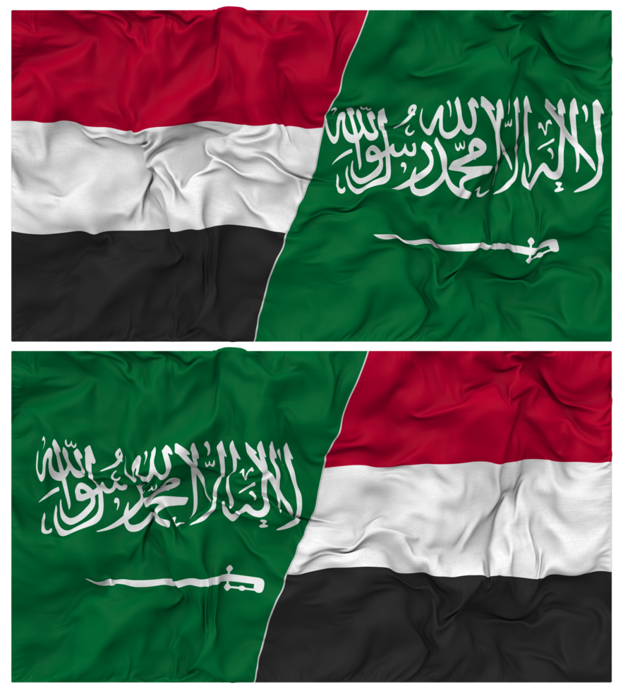 KSA, Kingdom of Saudi Arabia and Yemen Half Combined Flag with Cloth Bump Texture, Bilateral Relations, Peace and Conflict, 3D Rendering png