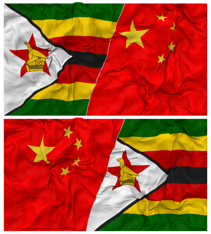 China and Zimbabwe Half Combined Flag with Cloth Bump Texture, Bilateral Relations, Peace and Conflict, 3D Rendering png