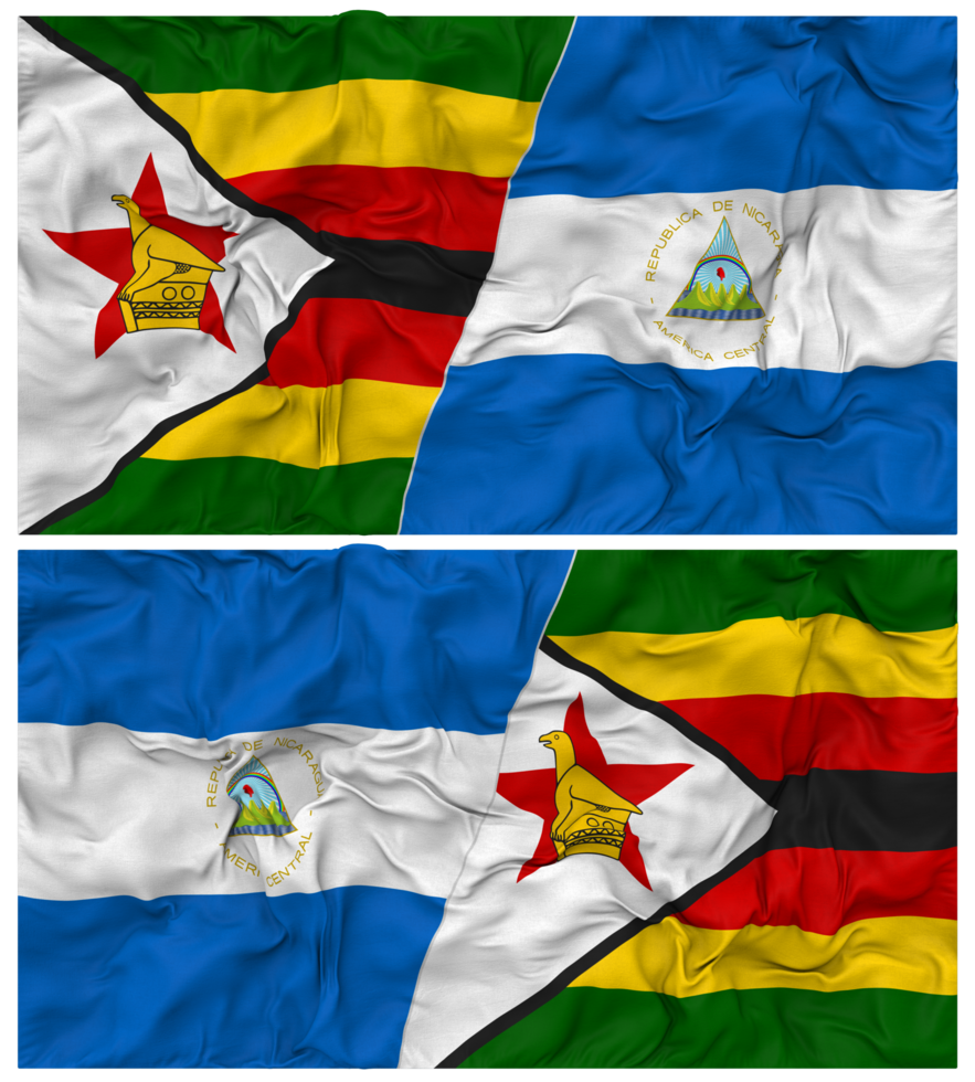 Nicaragua and Zimbabwe Half Combined Flag with Cloth Bump Texture, Bilateral Relations, Peace and Conflict, 3D Rendering png