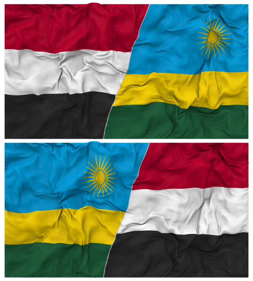 Rwanda and Yemen Half Combined Flag with Cloth Bump Texture, Bilateral Relations, Peace and Conflict, 3D Rendering png