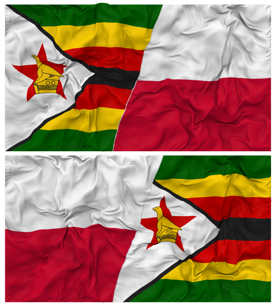 Poland and Zimbabwe Half Combined Flag with Cloth Bump Texture, Bilateral Relations, Peace and Conflict, 3D Rendering png