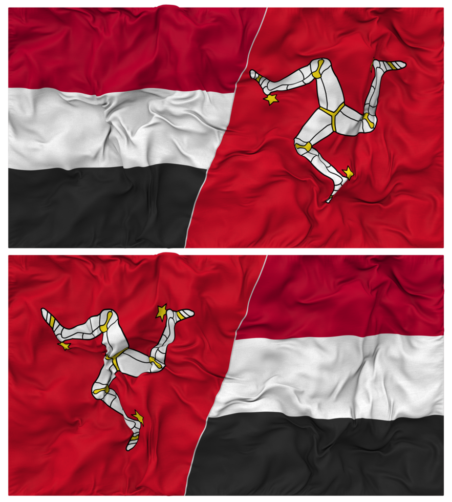 Isle of Man and Yemen Half Combined Flag with Cloth Bump Texture, Bilateral Relations, Peace and Conflict, 3D Rendering png