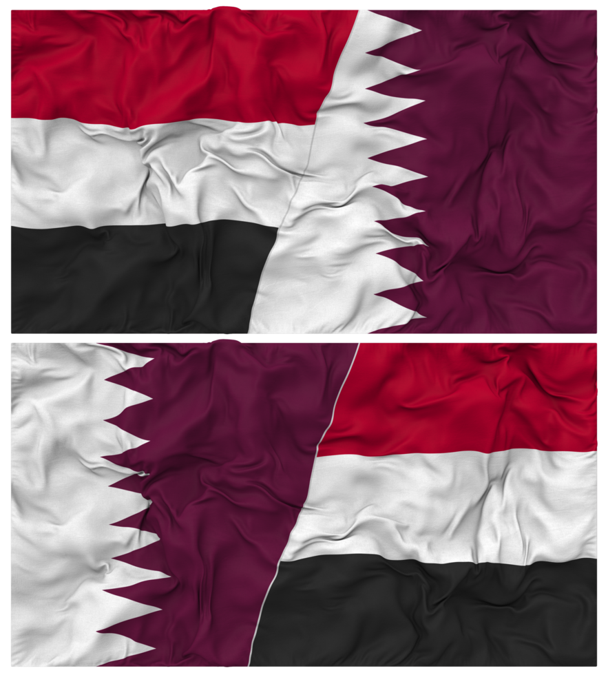 Qatar and Yemen Half Combined Flag with Cloth Bump Texture, Bilateral Relations, Peace and Conflict, 3D Rendering png
