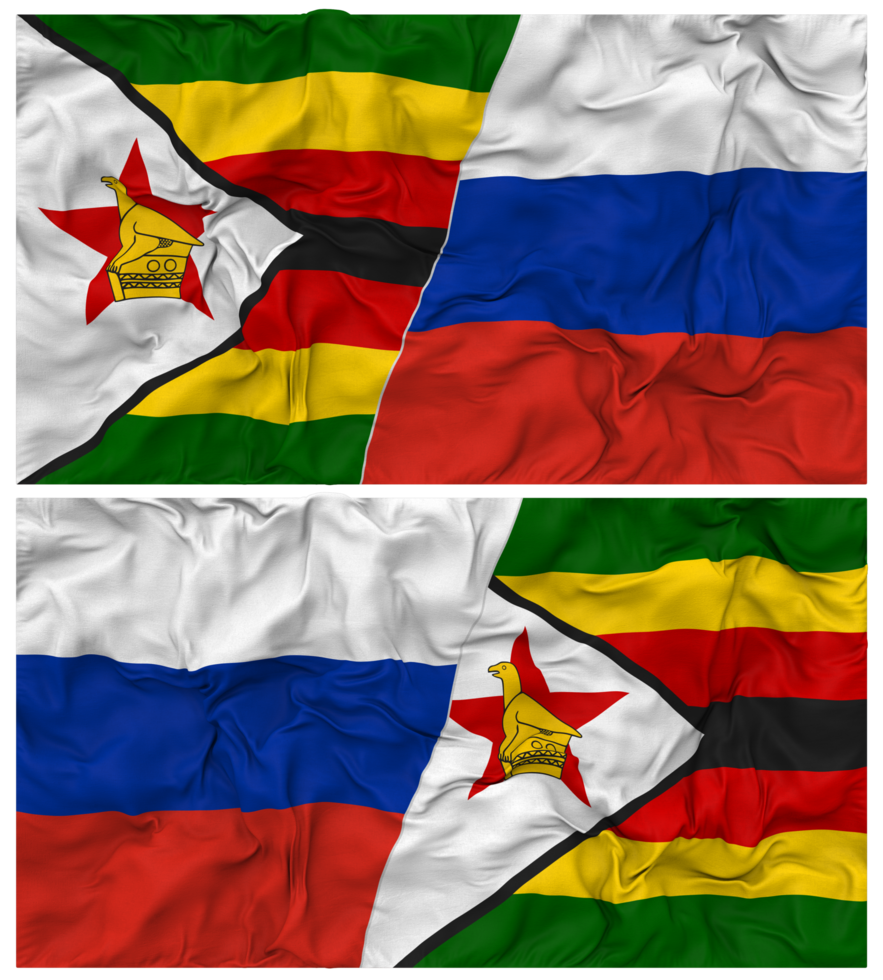 Russia and Zimbabwe Half Combined Flag with Cloth Bump Texture, Bilateral Relations, Peace and Conflict, 3D Rendering png