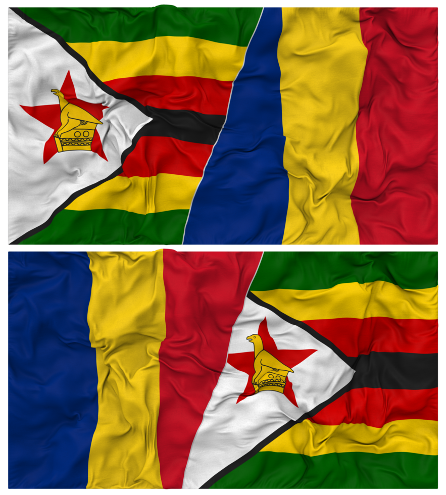 Romania and Zimbabwe Half Combined Flag with Cloth Bump Texture, Bilateral Relations, Peace and Conflict, 3D Rendering png