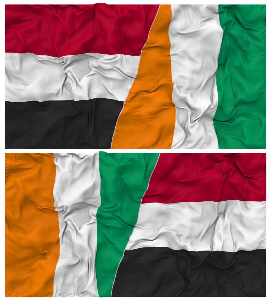 Ivory Coast and Yemen Half Combined Flag with Cloth Bump Texture, Bilateral Relations, Peace and Conflict, 3D Rendering png