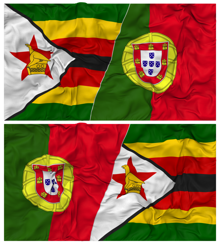 Portugal and Zimbabwe Half Combined Flag with Cloth Bump Texture, Bilateral Relations, Peace and Conflict, 3D Rendering png