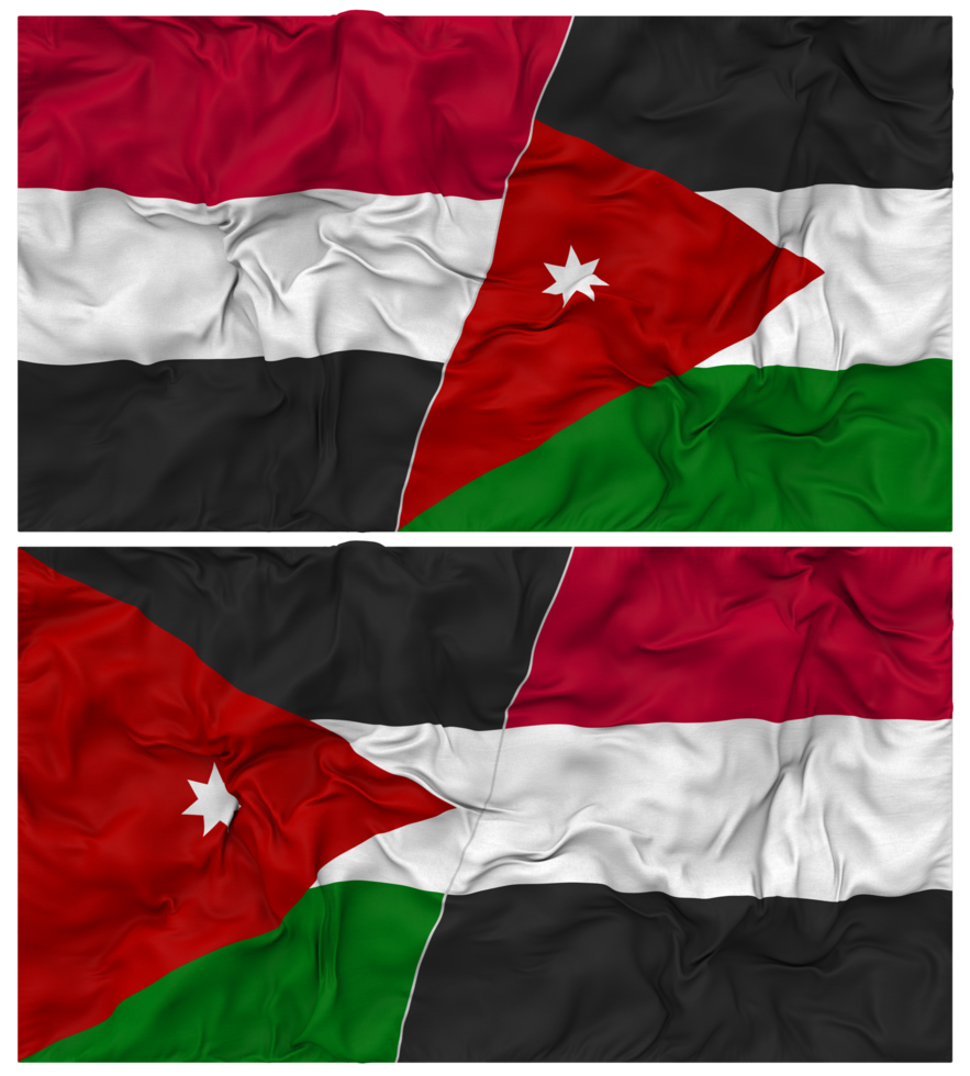 Jordan and Yemen Half Combined Flag with Cloth Bump Texture, Bilateral Relations, Peace and Conflict, 3D Rendering png