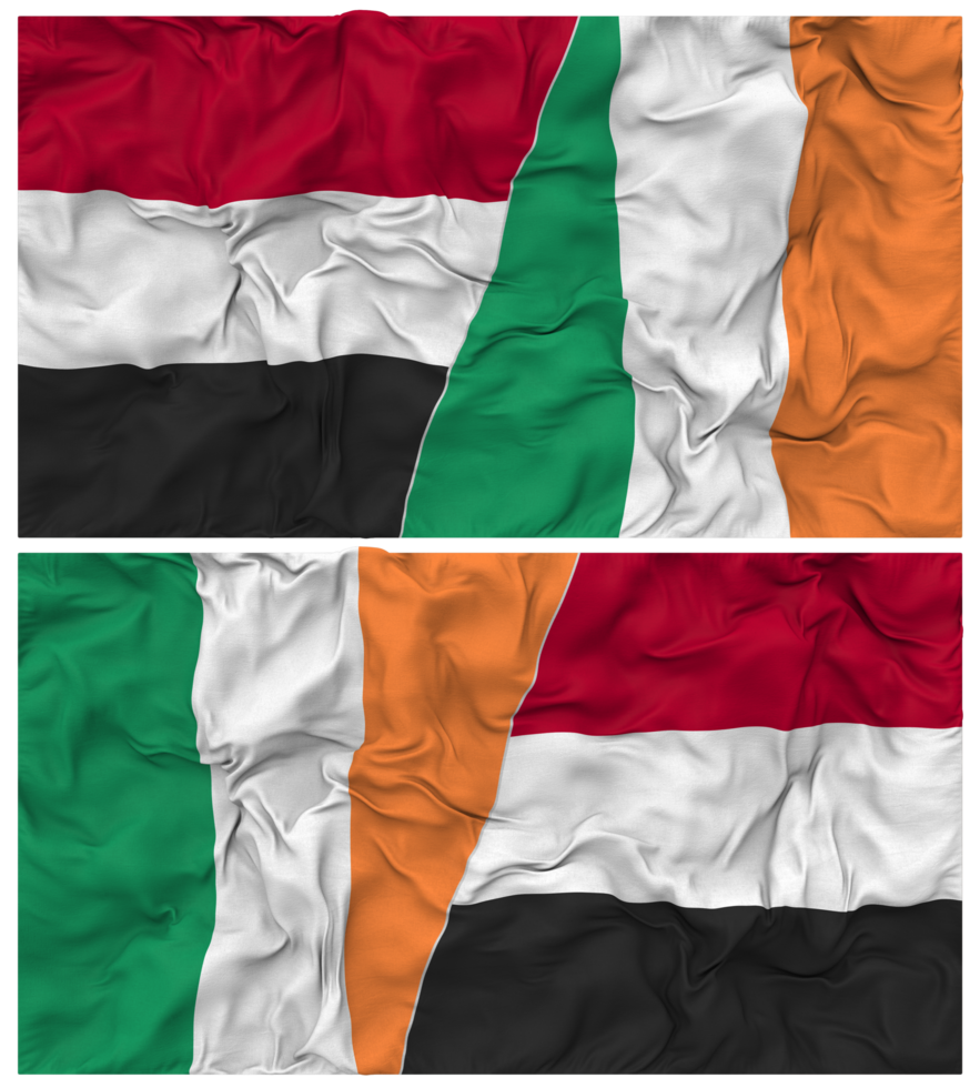 Ireland and Yemen Half Combined Flag with Cloth Bump Texture, Bilateral Relations, Peace and Conflict, 3D Rendering png