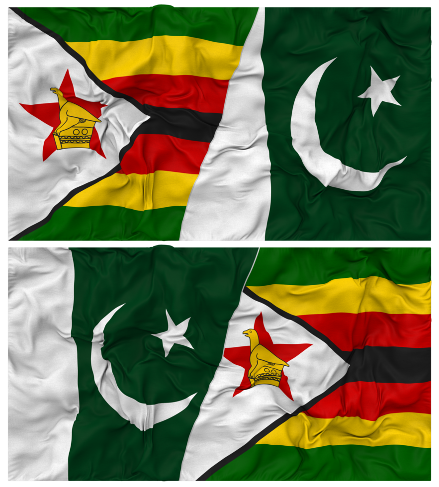 Pakistan and Zimbabwe Half Combined Flag with Cloth Bump Texture, Bilateral Relations, Peace and Conflict, 3D Rendering png