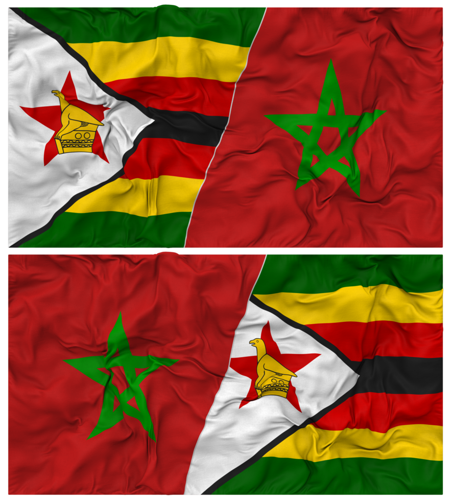 Morocco and Zimbabwe Half Combined Flag with Cloth Bump Texture, Bilateral Relations, Peace and Conflict, 3D Rendering png