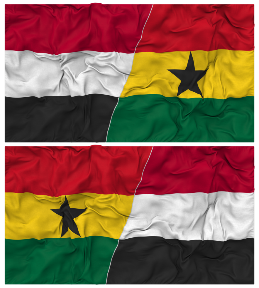 Ghana and Yemen Half Combined Flag with Cloth Bump Texture, Bilateral Relations, Peace and Conflict, 3D Rendering png