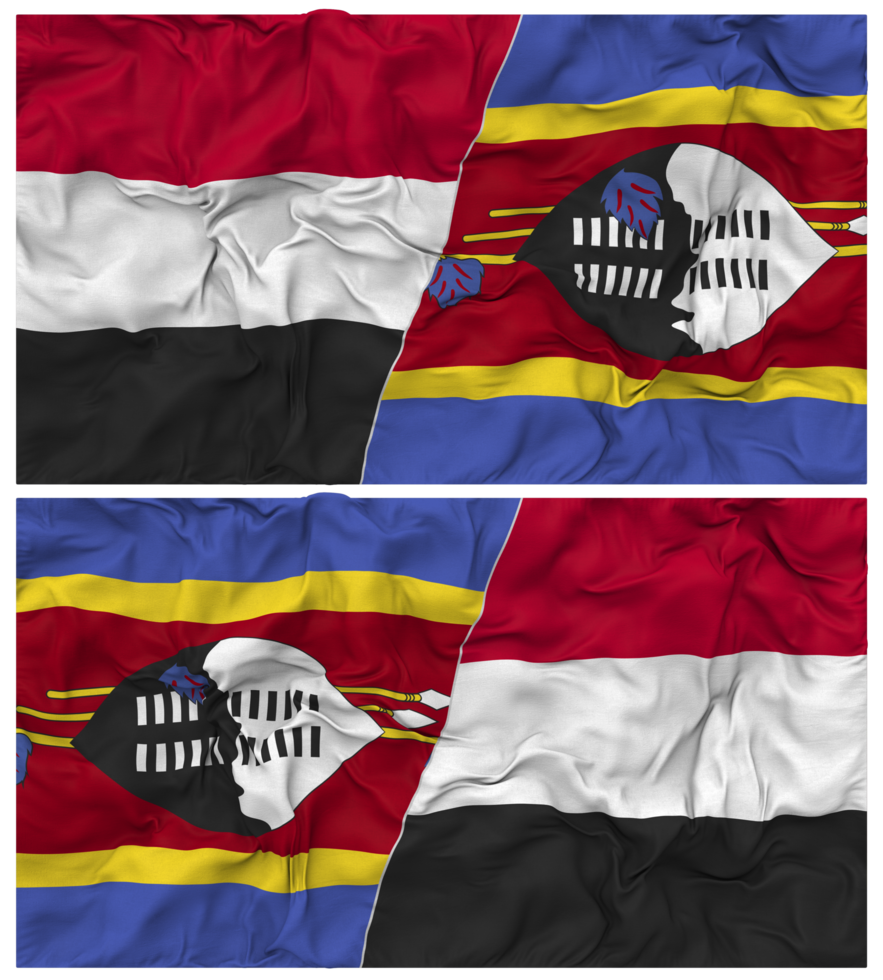 Eswatini and Yemen Half Combined Flag with Cloth Bump Texture, Bilateral Relations, Peace and Conflict, 3D Rendering png